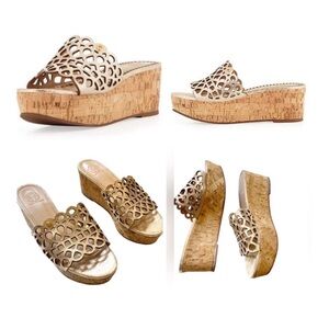 Tory Burch Dunn Leather Laser-Cut Slide Wedge Sandals Platinum Gold Size 7